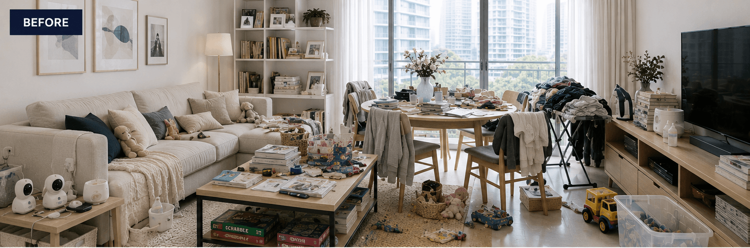 Before: a naturally lived-in family living space full of everyday clutter