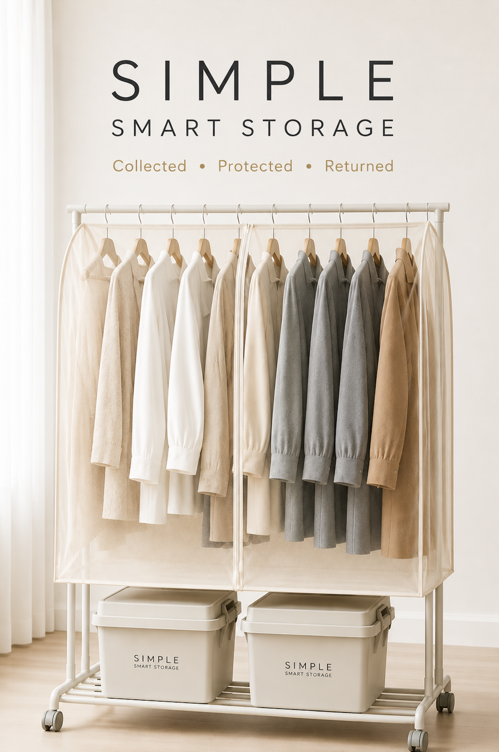 Wardrobe Pod showing hanging garments and two personal storage pods